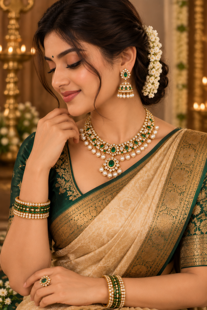 women wearing a traditional saree and elegant jewellery
