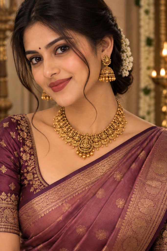 traditional saree with elegant temple jewellery