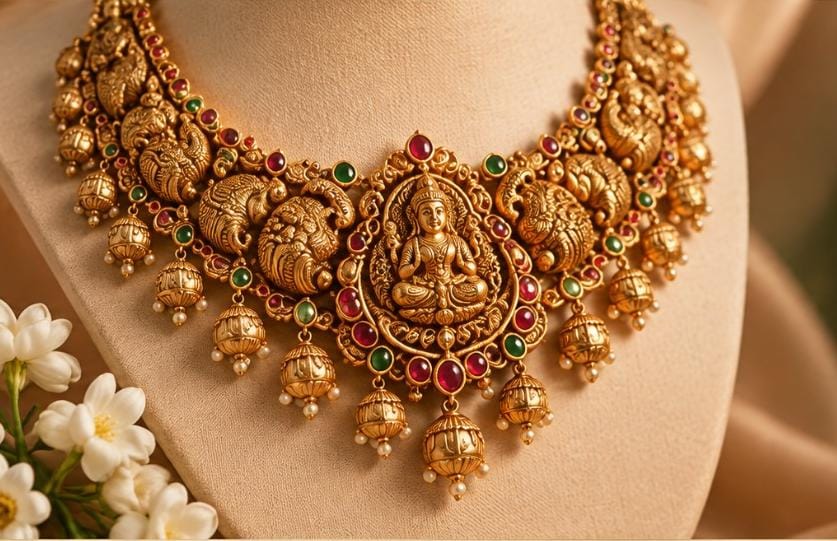 elegant traditional necklace with intricate gold-toned
